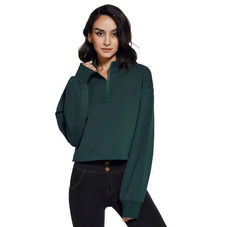 Women's Green Zip-Up Jacket for Yoga Breathable Workout Clothes with Long Sleeves and Stand Neck Back Pockets Set Style