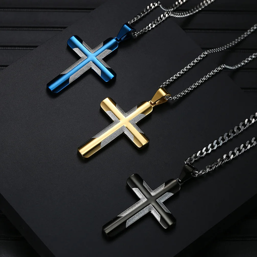 2022 New Fashion Cross Necklace Plated Gold Blue Black Prayer Choker Stainless Steel Cross Pendant Necklace for Men