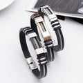 Fashion Unisex Punk Leather and Stainless Steel Gold & Silver Plated Exaggerated Bracelet for Gift