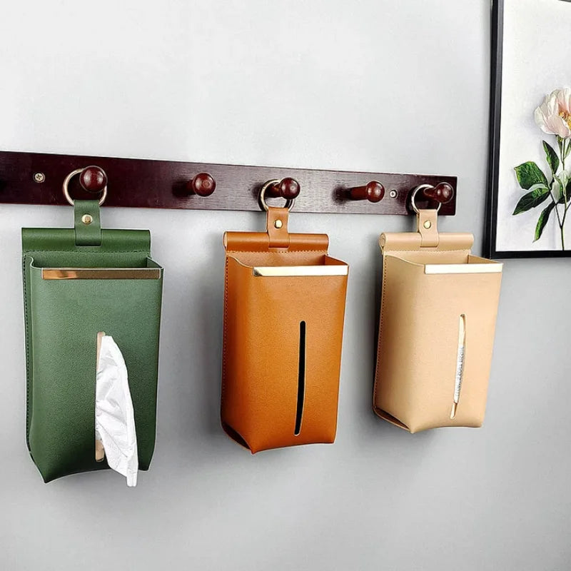 Creative Hangable PU Leather Tissue Box Wall Hanging Tissue Organizer Car Home Office Tissue Box