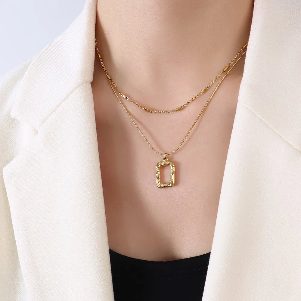New Fashion Jewelry 18K Gold Plated Stainless Steel Square Pendant Double Layers Women Choker Necklace