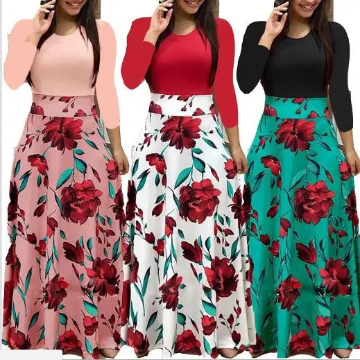 Wholesale Europe Style Women's Maxi Dress Long Sleeve O-Neck Floral Printed Stretch Patchwork Simple Plus Size Lady Dress