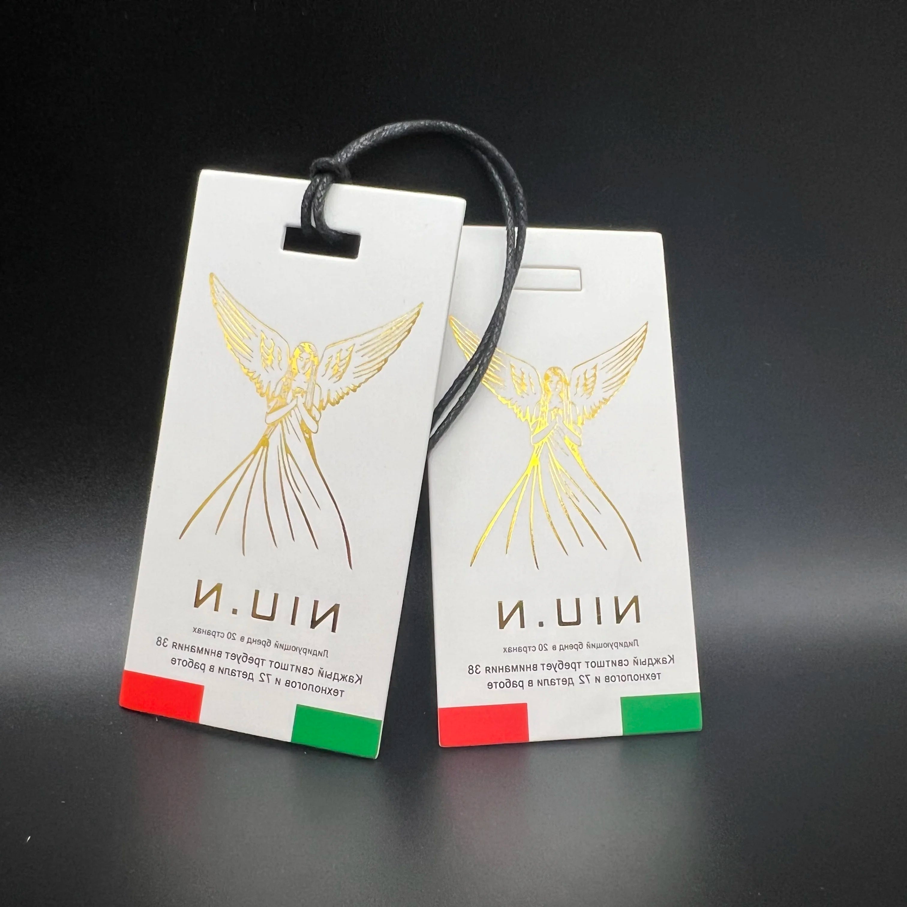 Gold Stamping Custom Paper Printed Swing Tags Clothes Label Name Logo Hang Hanging Tag With String for Garment Own Brand Logo