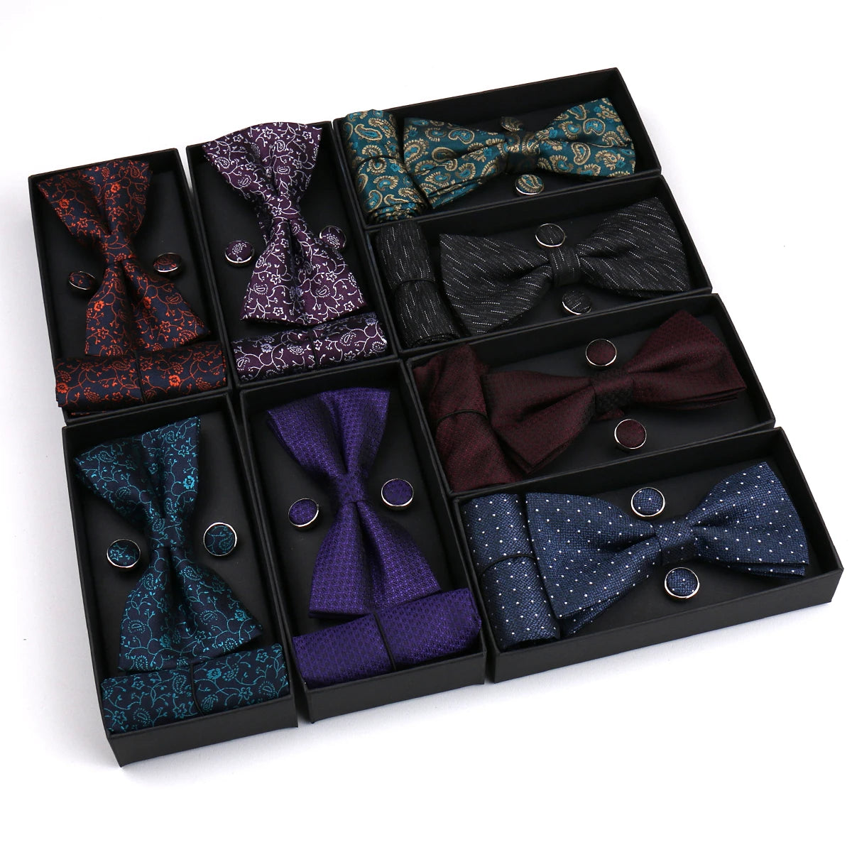 Popular Silk Bow Tie Set Men Wedding Bowtie and Pocket Square Cufflink Box Gift for Father