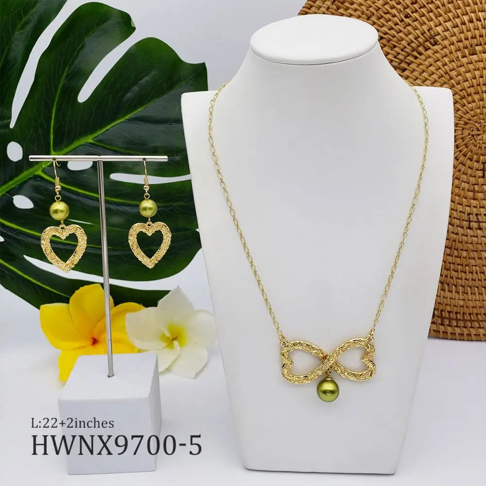 New Arrival Hawaiian Jewelry Necklace Set Wholesale Samoan Gold Hollow Heart Pearls Plumeria Earrings for Women