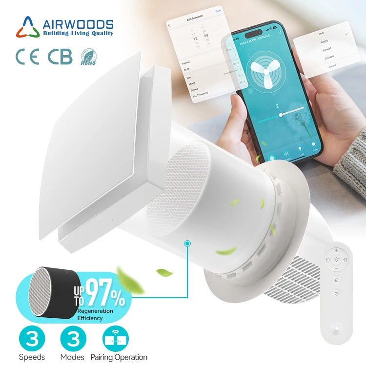 AIRWOODS Smart Control Wall-Mounted ERV/HRV Heat Recovery Ventilation Fan with 92% Efficiency 20-64m/h Airflow Modern Design