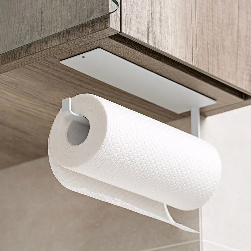 HelloWorld Simple Kitchen Roll Paper Hanger Perforated Wall-mounted Paper Towel Rack Oil-absorbing Paper Cling Film Storage