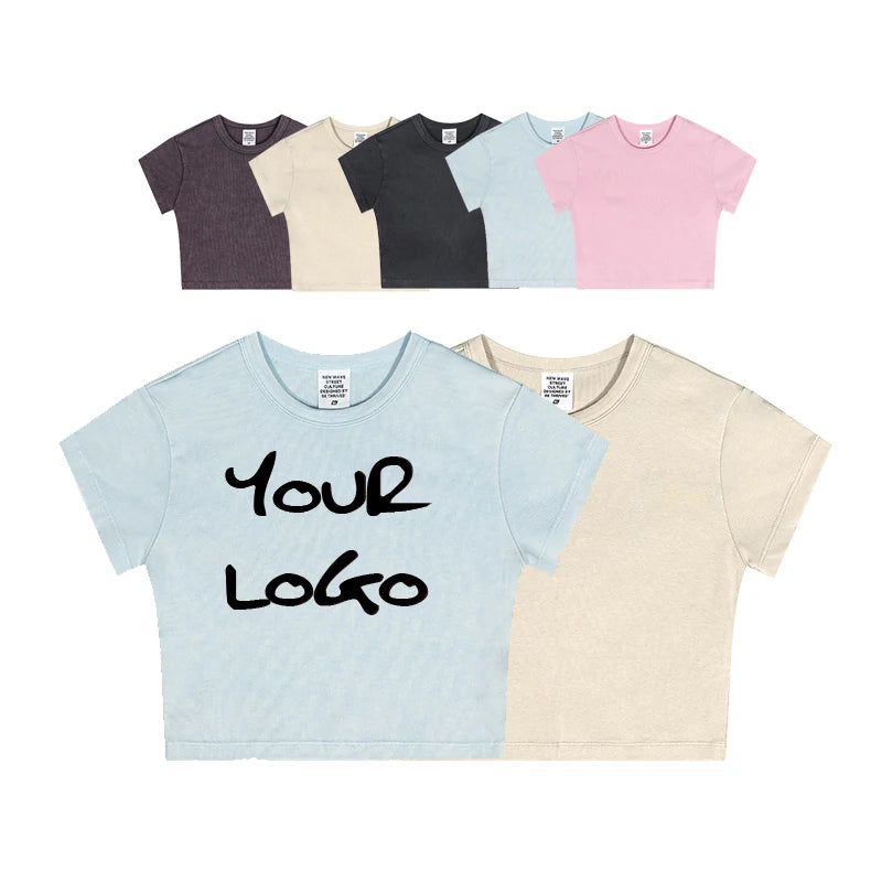 Wholesale Custom Logo O-Neck Casual Sports Vintage Washed Short Sleeve Womens Crop Top T Shirt