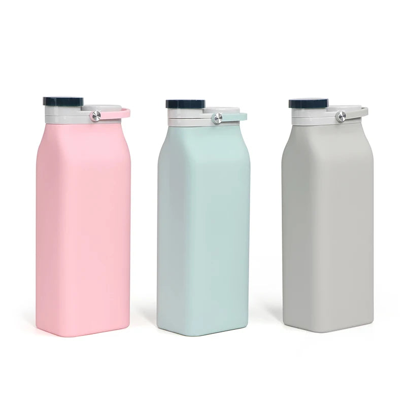 Wholesale Eco-Friendly BPA-Free Silicone Gym Hot Water Bottle Cute Foldable Flat Square Custom Logo Lid Thermal Feature Food