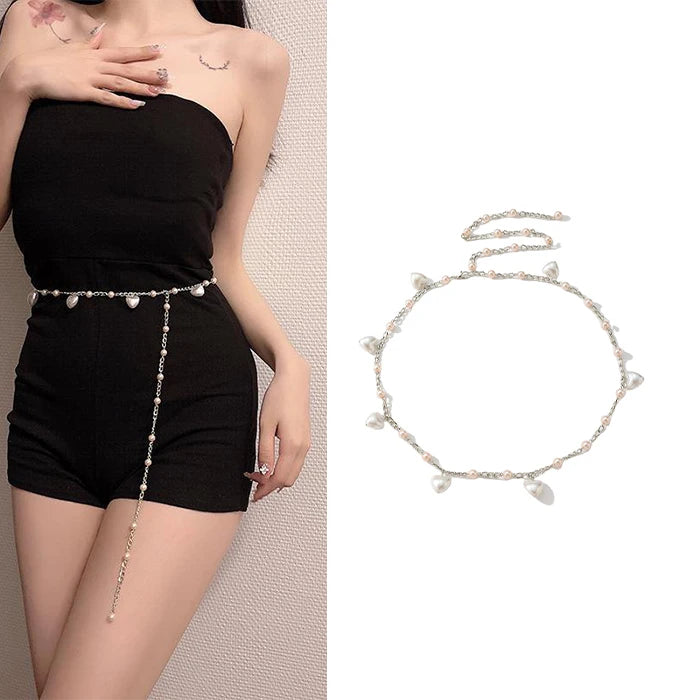 Benmingnian Ladies Adjustable Metal Waist Chain Belt Sweet Princess Pearl Girl Jeans Dress Women Dress Waist Chain Belt