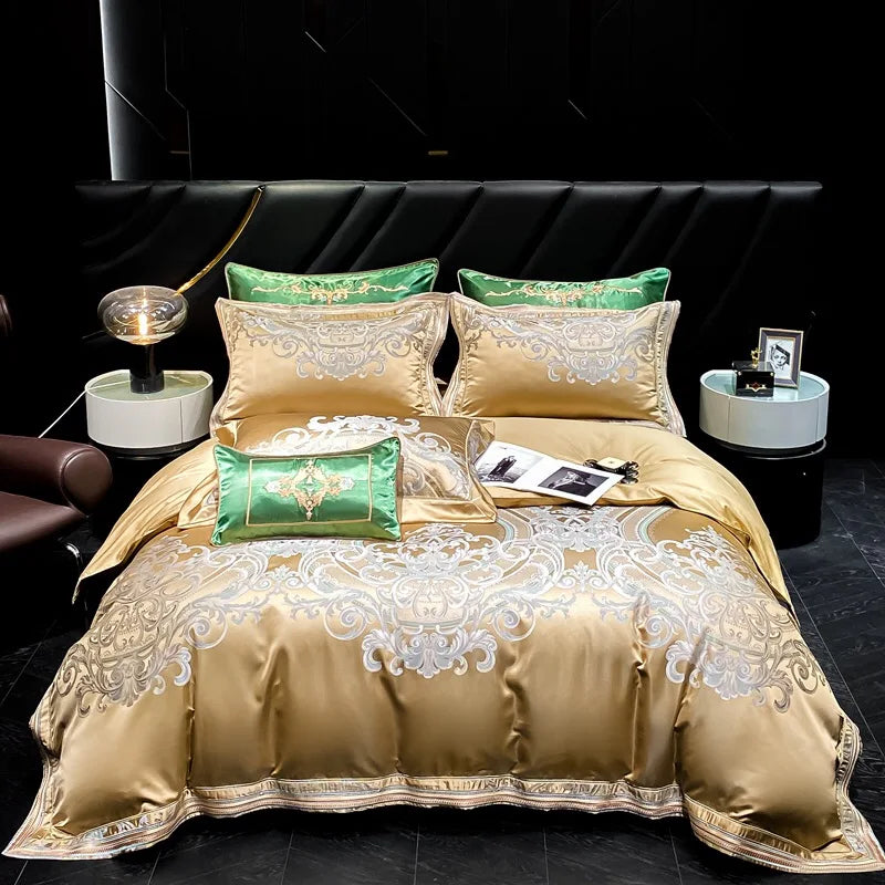 Exquisite 100S Long Staple Cotton Home Textiles Gold Embroidery Pillow Shams Bed Fitted & Flat Sheets Bedding Set Supplier
