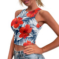 Custom Women's Vintage Style Hawaiian Red Flower Print Crop Tank Tops Cheap Wholesale Slim Fitness Workout Vest Short Sport Tops