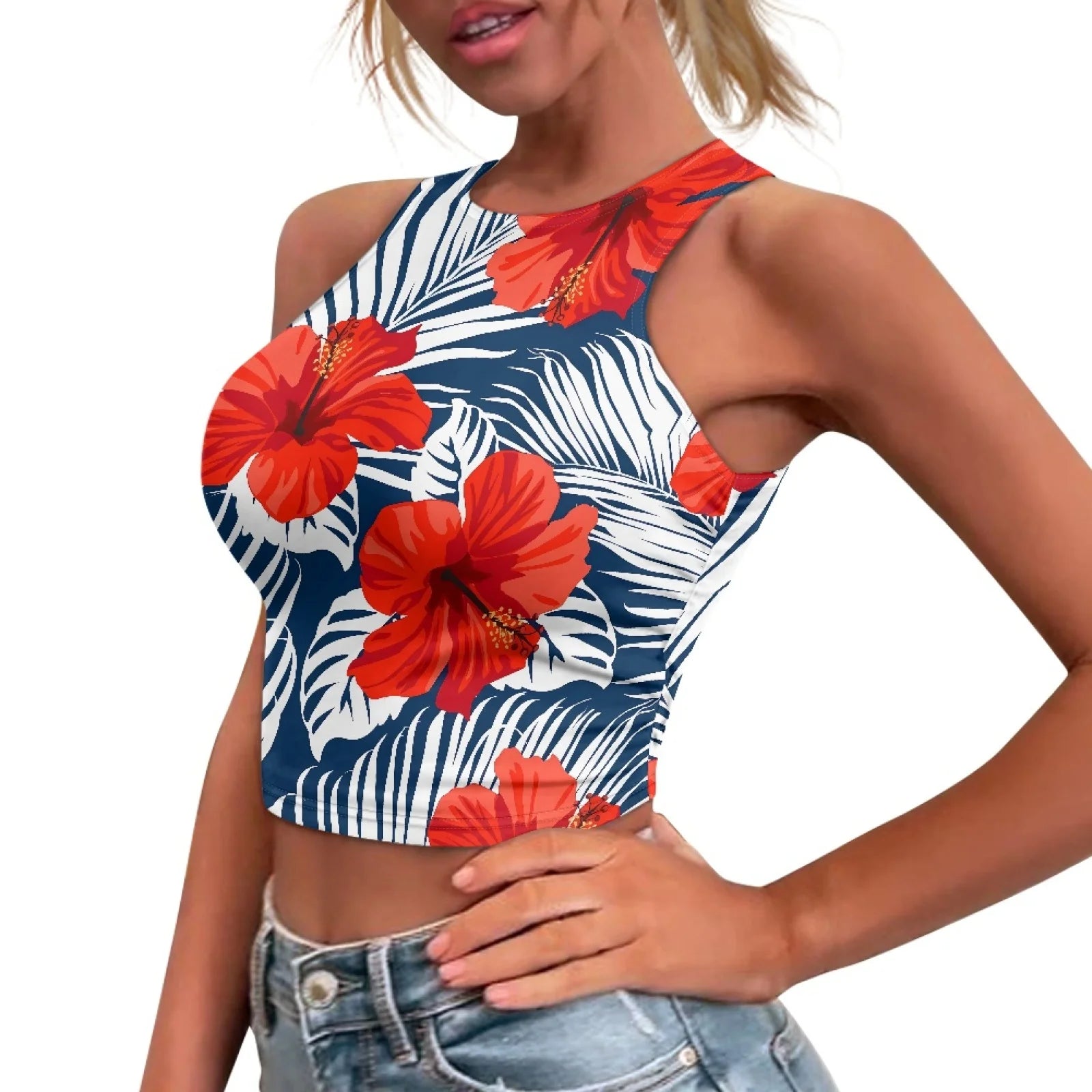 Custom Women's Vintage Style Hawaiian Red Flower Print Crop Tank Tops Cheap Wholesale Slim Fitness Workout Vest Short Sport Tops