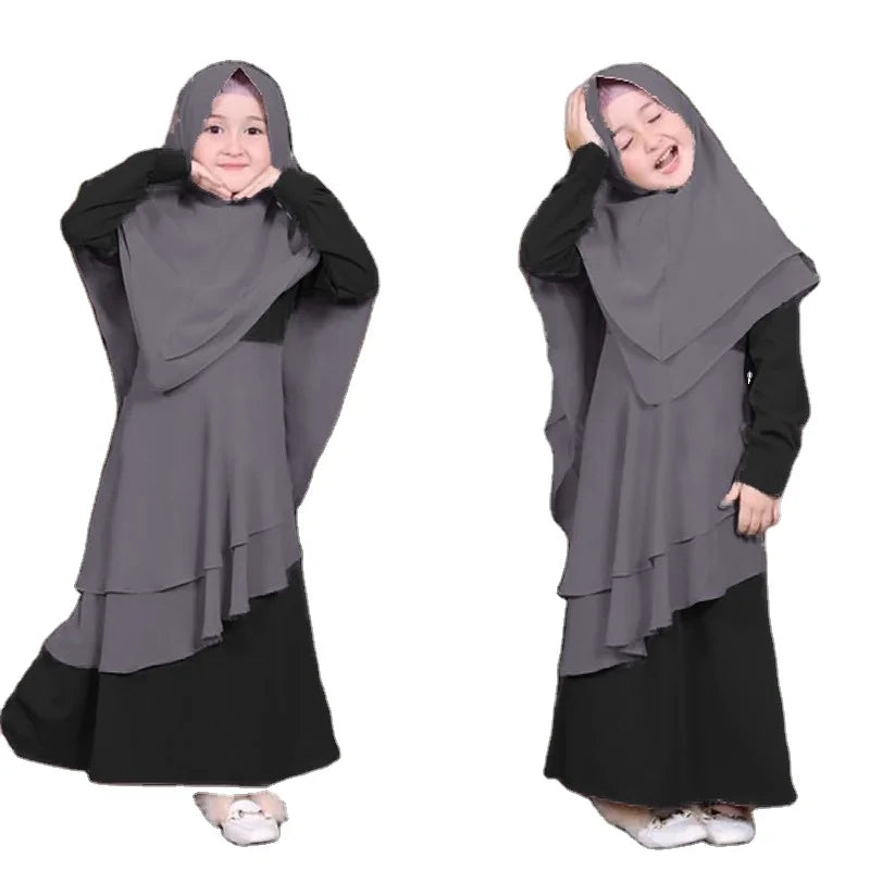 Two Pieces Kids Sets Ruffles Color Lovely Design Abaya Dress With Hijab Set Ramadan Eid Children Dresses Suit for Girls C0094
