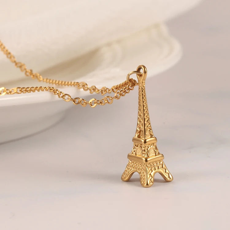 Dainty Eiffel Tower Pendant Stainless Steel Jewelry 18K Gold Plated Paries Eiffel Tower Necklace for Women Men