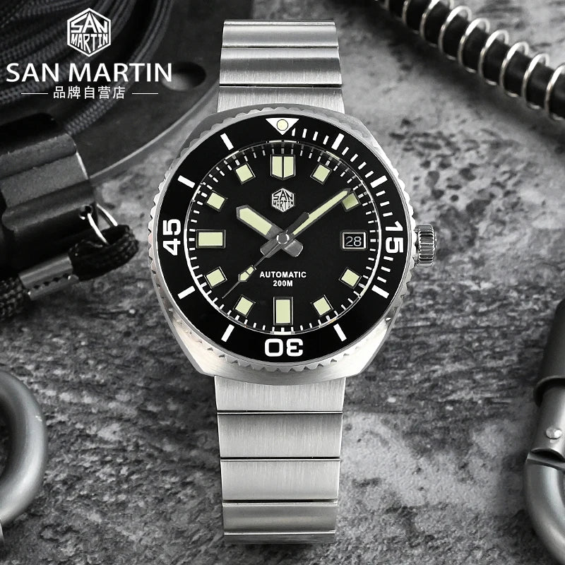 San martin Free Shipment Sapphire C3 20atm Mechanical Automatic 316L Stainless Steel Diver Men Fluoro Rubber Watch for Sale