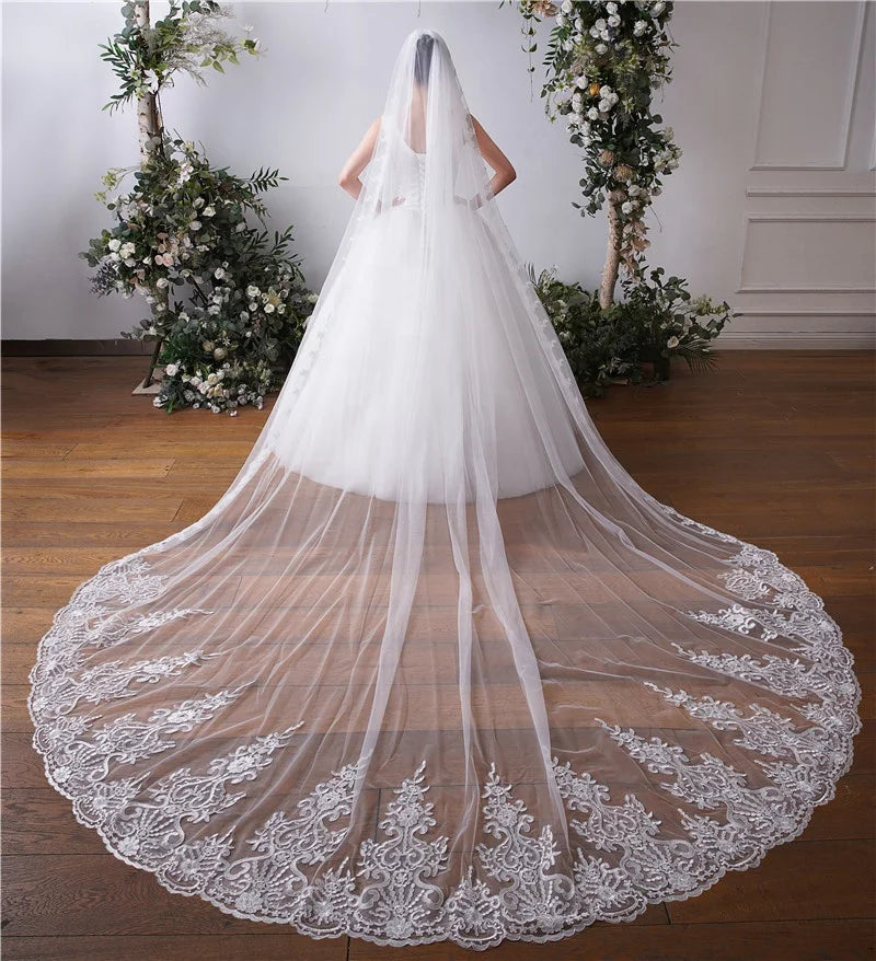 Beautiful Wedding Large Tail Veil 3.5m Embroidery Long Veil Exquisite Lace Row Flower Bridal Veil