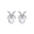 SLBRIDAL Trendy  Sparkling CZ Crystal Flower Pearls Women Girls Fashion Earring Cubic Zircon Stud Earring Bridal Wedding Earring