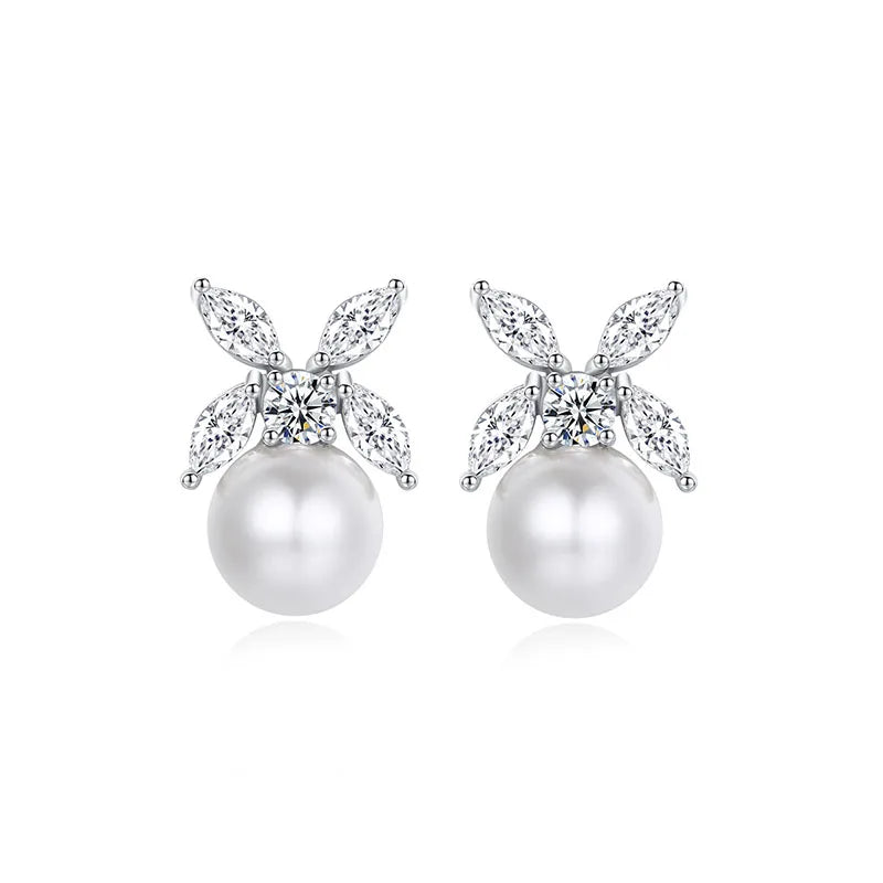 SLBRIDAL Trendy  Sparkling CZ Crystal Flower Pearls Women Girls Fashion Earring Cubic Zircon Stud Earring Bridal Wedding Earring