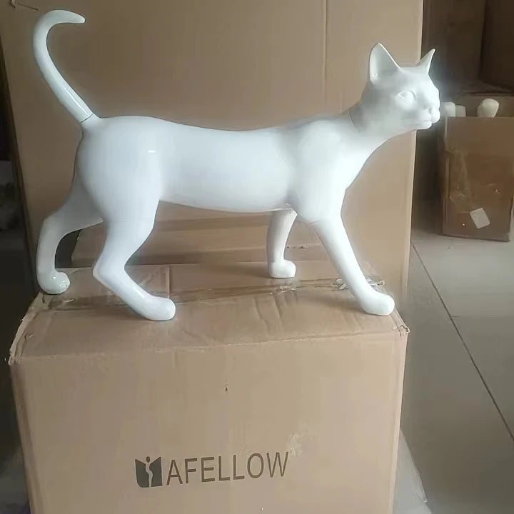 AFELLOW Cute Pet Props Display Stand Full Body Fiberglass Glossy White New Delicate Facial Features KITTY Cat Mannequin