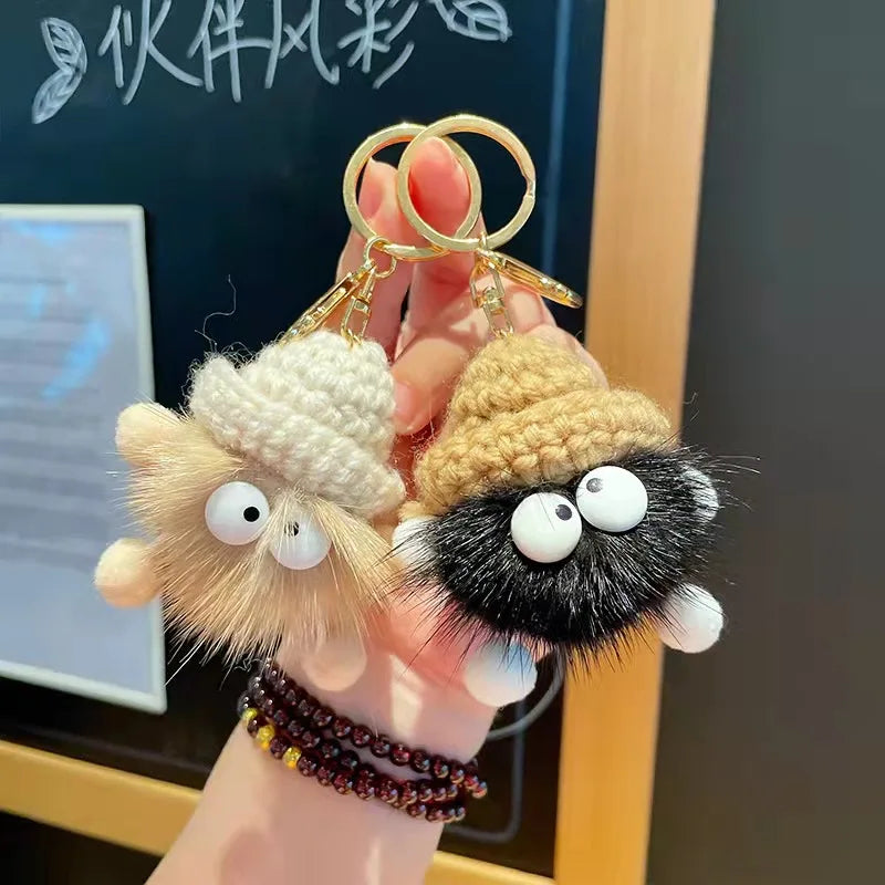 Cute Mink Fur Small Coal Ball Car Key Chain Pendant Korean Ins Ugly Cute Bag Cat Claw Plush Pendant Gift