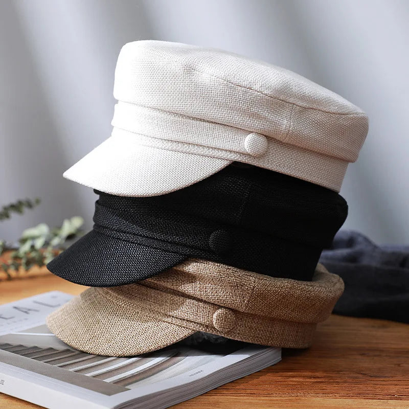 Women Hat Flat Cap Spring Autumn Linen Octagonal Cap Solid Color Young Student Hat