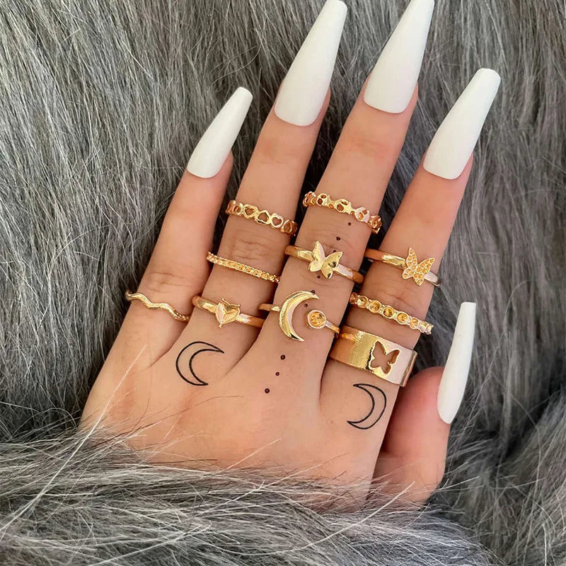 10Pcs/Set Bohemia Wholesale Ring European And America Ring Set Hollow Butterfly Moon Love Jewelry Open Joint Ring Set