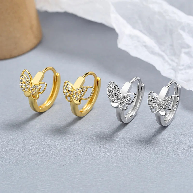 Fine Jewelry 925 Sterling Silver butterfly Earrings Animal butterfly Diamond Gold Plated Hoop Earrings for Women
