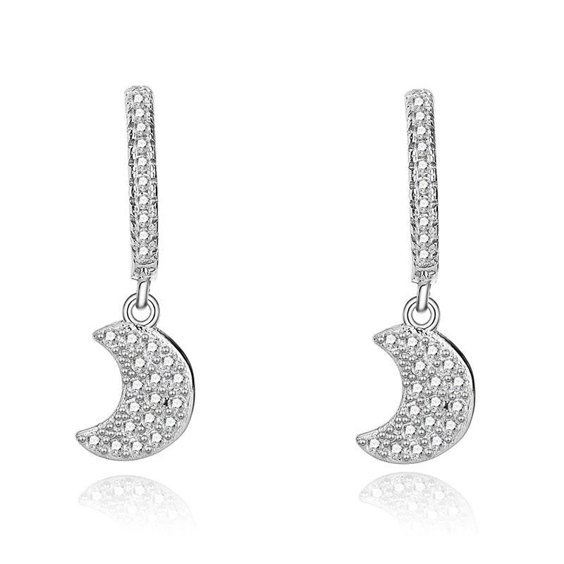 Chic micro-inset zircon moon trend 925 sterling silver simple moon short stud earrings
