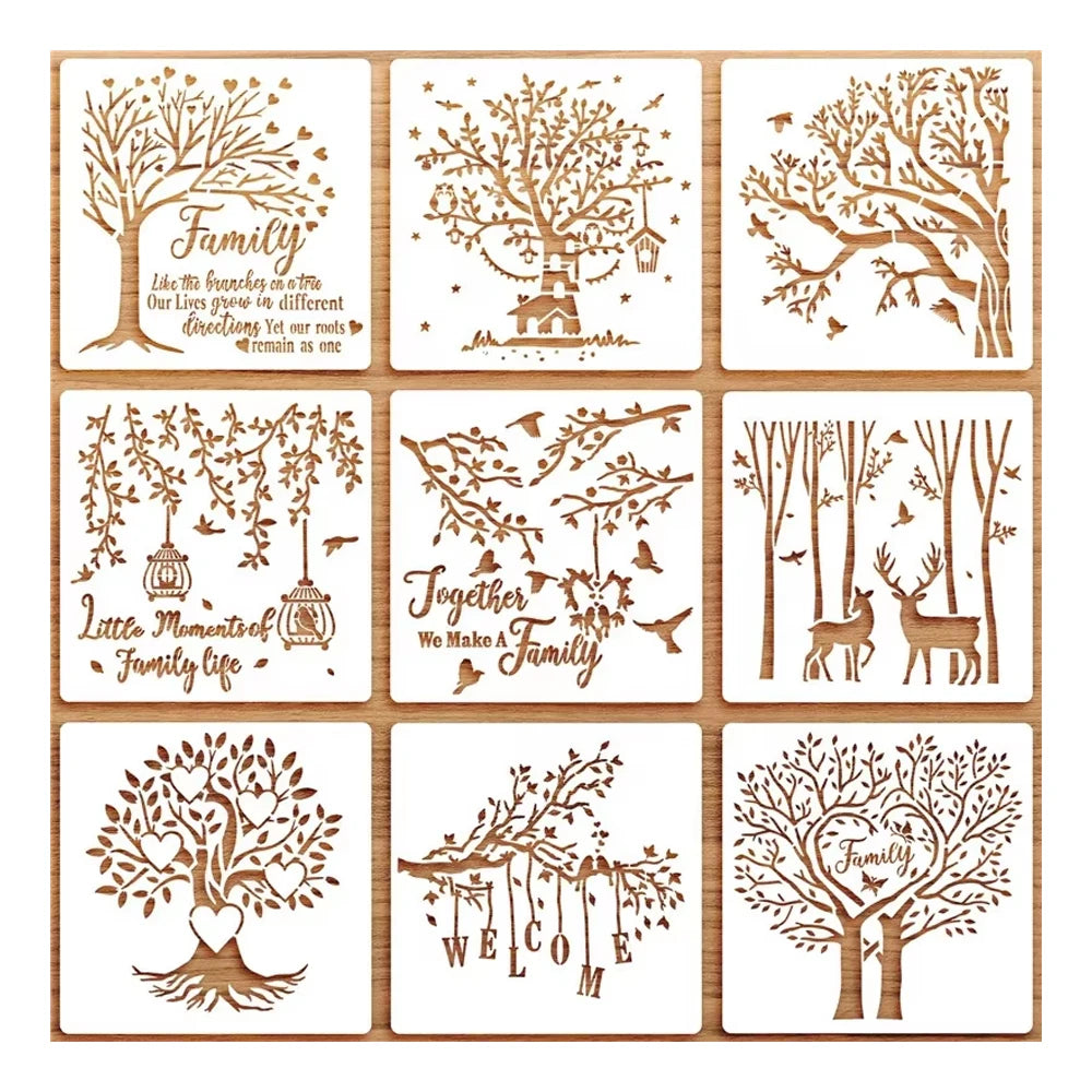 Furniture Wall Floor Decor 9 Pieces Home Tree Template Plastic Painting Stencil Set Wholesale