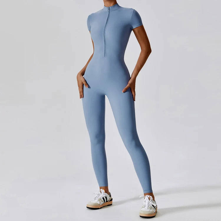 Zipper Short-sleeved Naked Yoga Jumpsuit Women's Outerwear Fitness Sports Jumpsuit