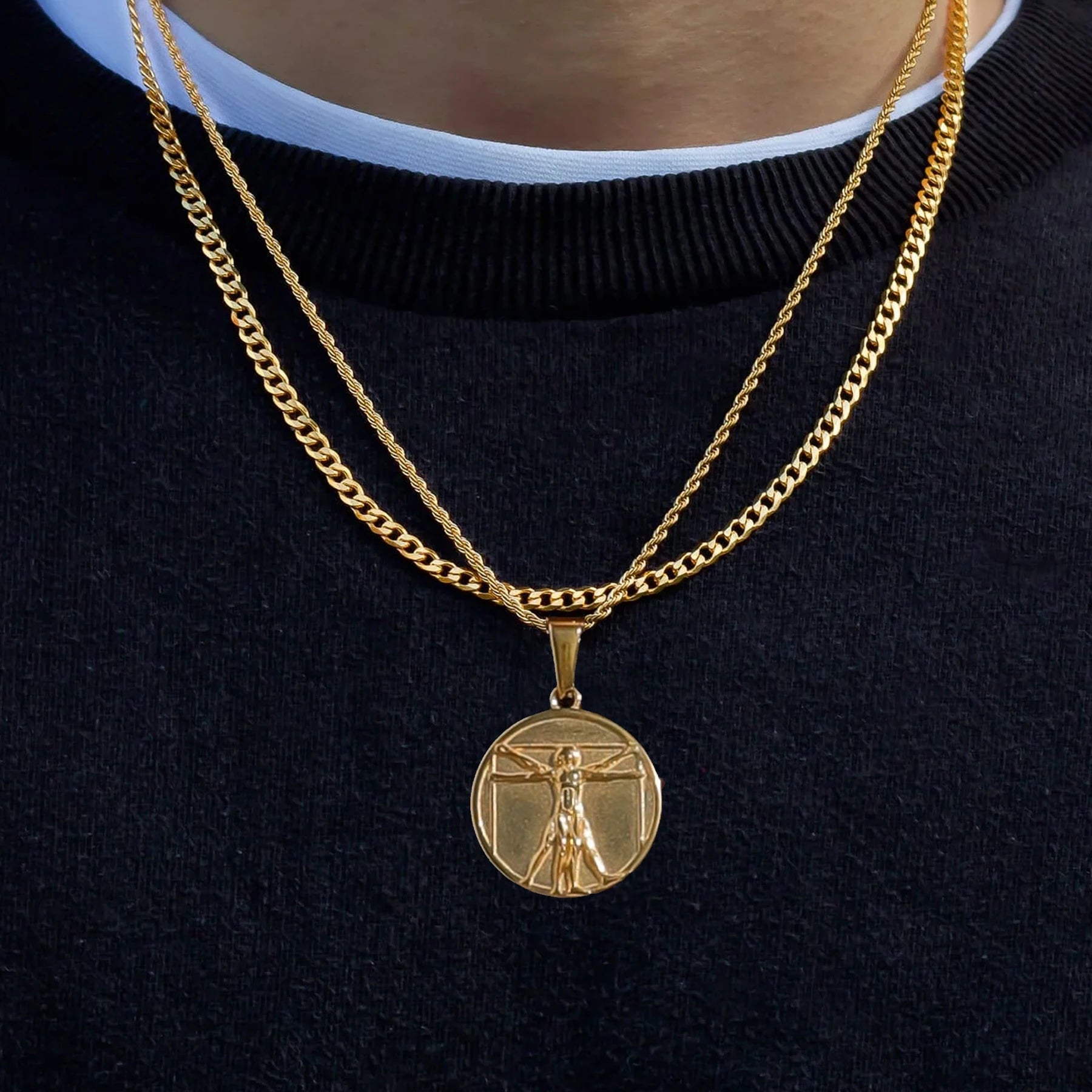 18k Gold Da Vinci Vitruvian Man Pendant Cuban Chain Mens Humankind Necklace Custom Jewelry Vintage Necklace for Men Boyfriend