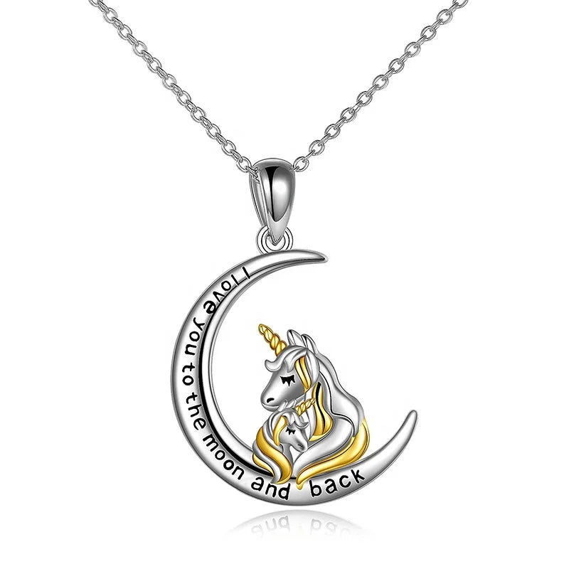 GP102 Fashion Jewelry 925 Silver Mother Day Gift I Love You to the Moon and Back Mom Letter Unicorn Pendant for Necklace