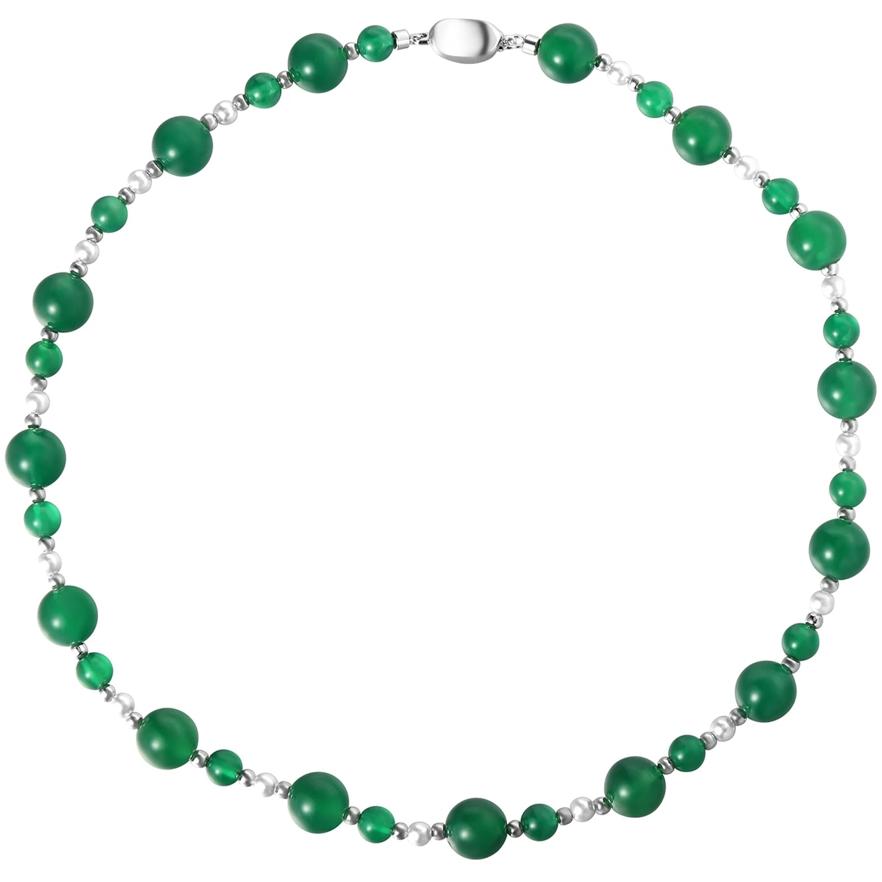 Fashion Light Luxury 1cm Natural Green Chalcedony Stone Round Beads Bright White Pearl Beaded Necklace Mom Jewelry Gift