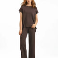 Casual Knitted Outfits Short Sleeve Sweater and Pants 2 Piece Set for Women