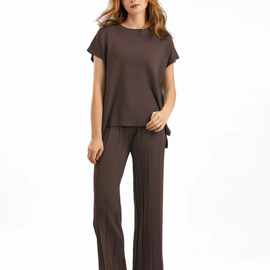 Casual Knitted Outfits Short Sleeve Sweater and Pants 2 Piece Set for Women
