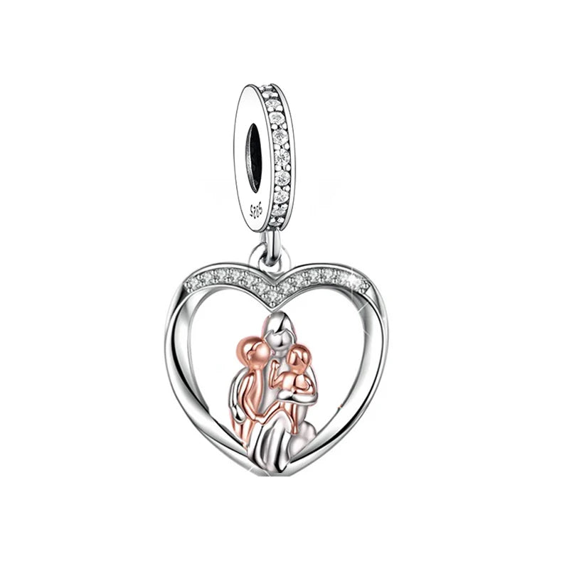 925 Sterling Silver Mum and Two Baby Family Series Beads Charm Fit Original Charms Bracelets Jewelry Making