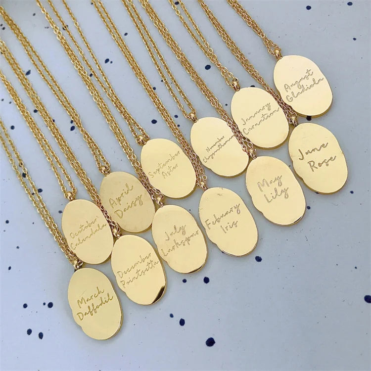 Stainless Steel Necklace Real Gold 18k Gold Plated Custom Carved 12 Flowers Oval Pendant Necklace Jewelry