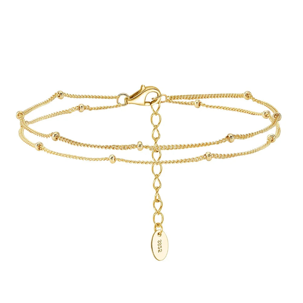 RINNTIN SB198 925 Sterling Silver Silver Bead Spacer Double Layer Cuban Chain Bracelet Women Simple Pure Silver Jewelry