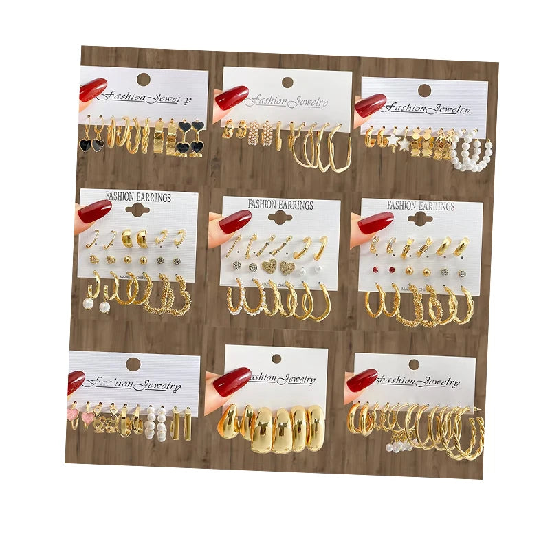 5Pcs/Set New Fashion Gold Color Heart Rhinestone Hoop Pearl Earring Set for Women Jewelry