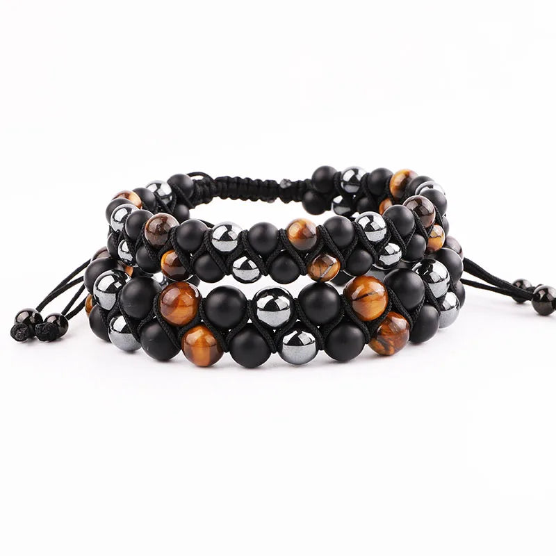 New Style Tiger Eye Lava Hematite Stone Beads Healing Yoga Braided Adjustable Macrame Bracelet for Men Women