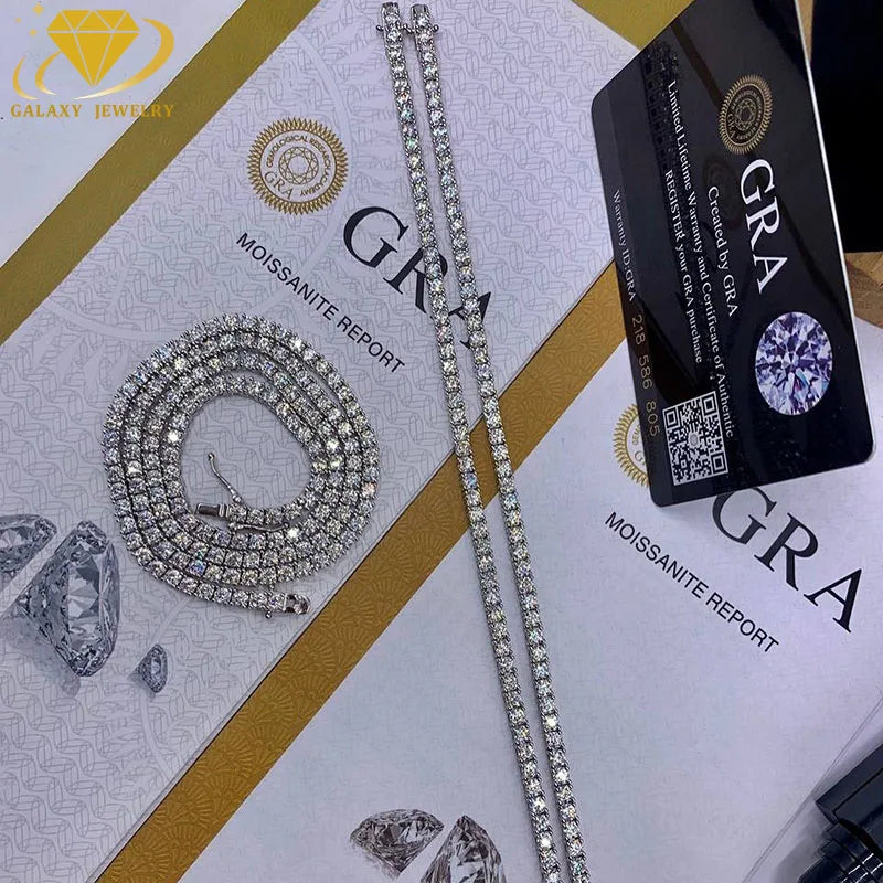 Fine Jewelry GRA Certificate Pass The Diamond Tester 4mm Moissanite Tennis Chain Necklace 925 Sliver For Men Women