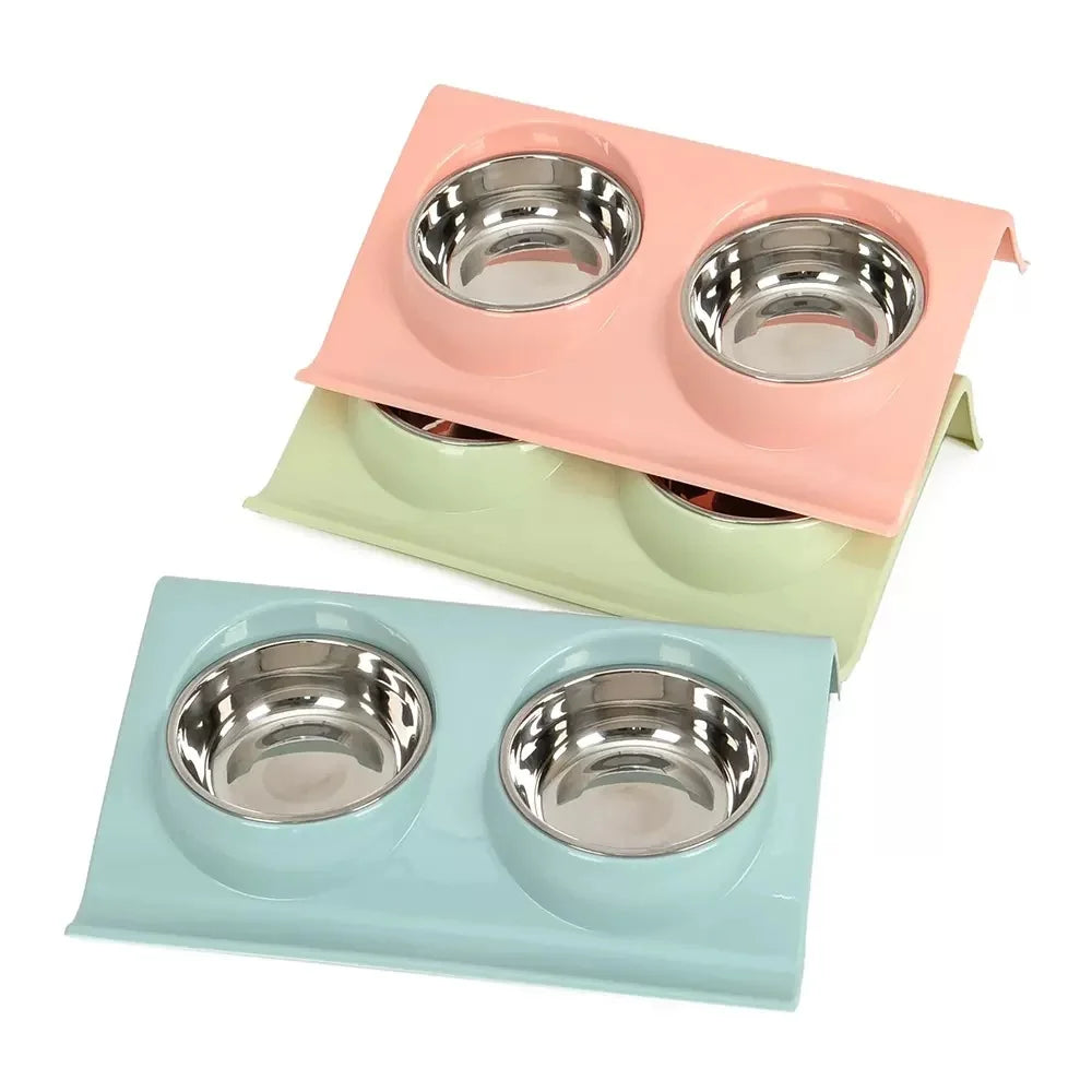 Double Dog Food Bowls Stainless Steel Dog Food Water Bowl with Non-Spill Plastic Stand for Cat