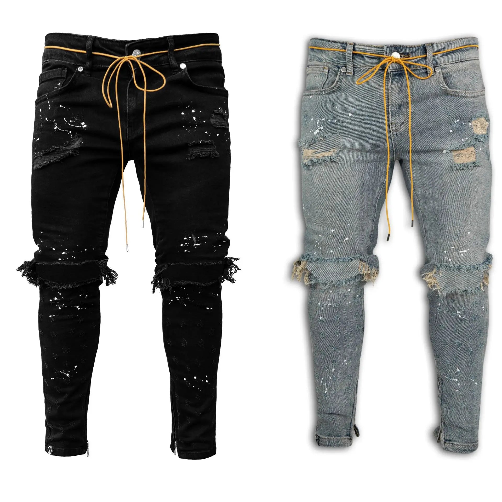Guangzhou Auyan New Men's Slim Cut Hole Small Foot Print Custom Men's Loose Baggy Paint Stitched Jeans