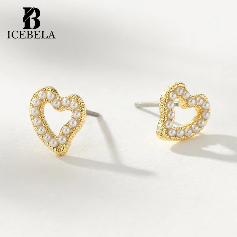 ICEBELA Fine Jewelry Sweet Stylish Chic Unique 925 Sterling Silver Shell Pearl Hollow Out Heart Stud Earrings for Women
