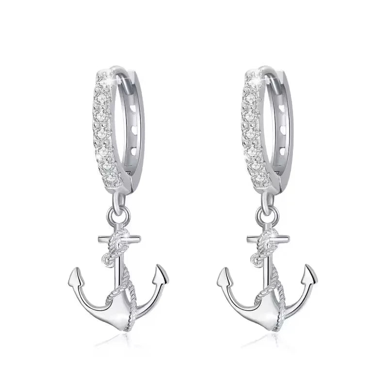 Nautical Jewelry 925 Sterling Silver 3A Zircon Rope Anchor Hoop Earrings for Women