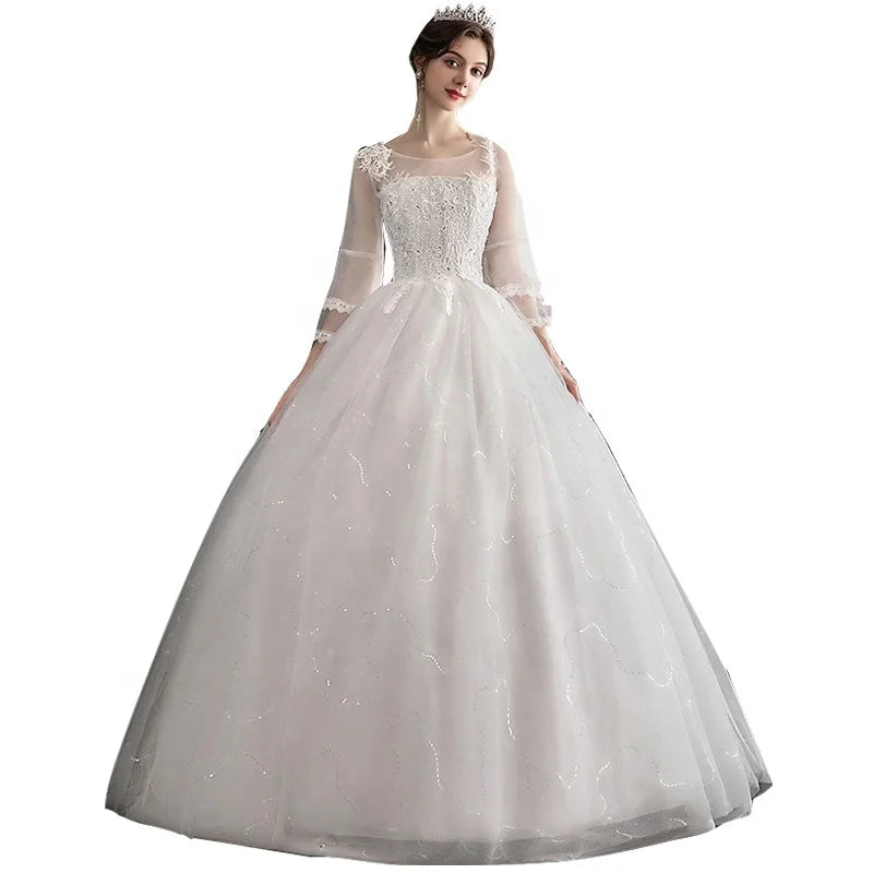 New Modern Korean Style Bride with One Line Shoulder Mid Sleeve Crystal Wedding Dress Lace Long Floor-Length Bridesmaid Dresses