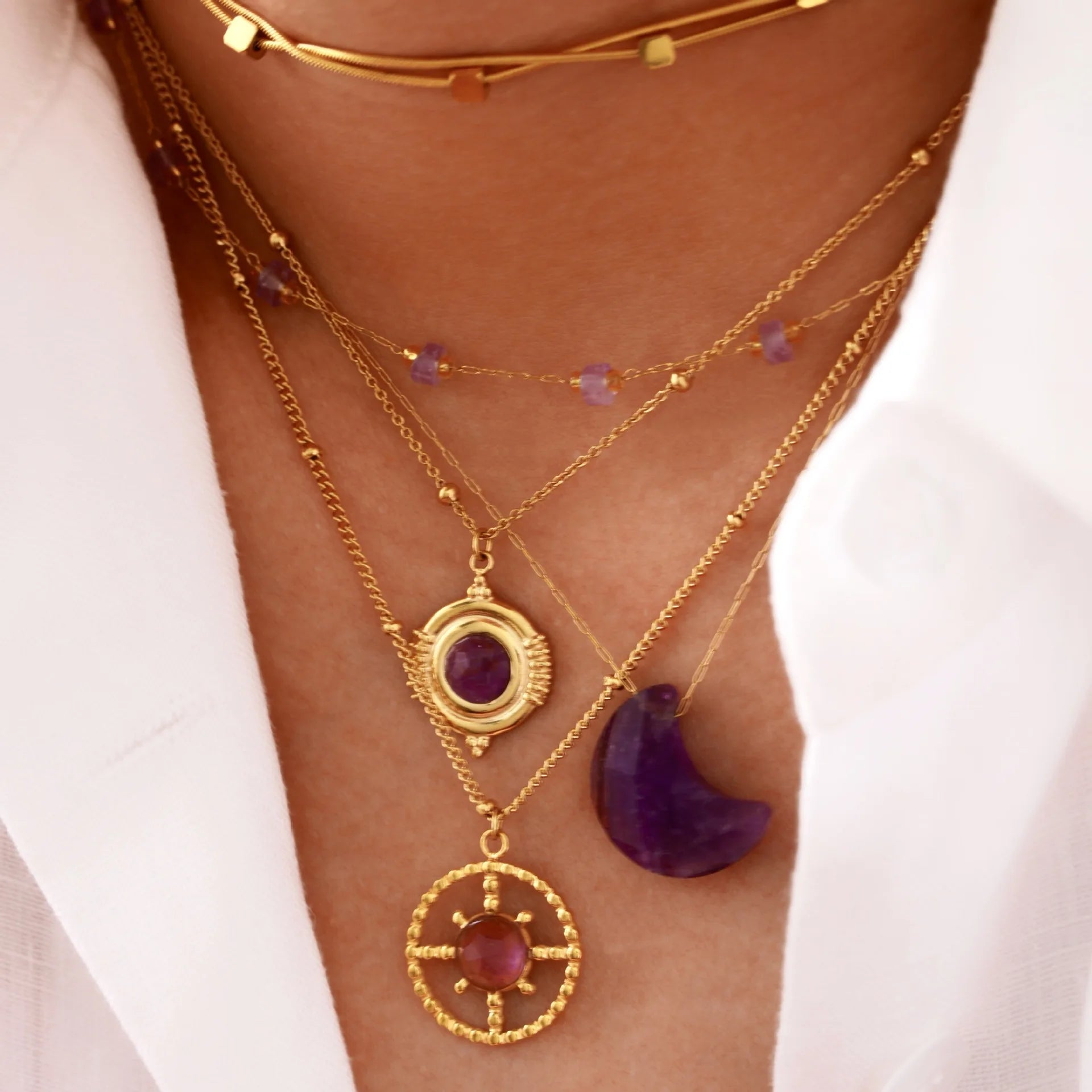 French Vintage Stainless Steel Pendant Necklace Set Luxury Fashion 14K Amethyst Necklace for Women