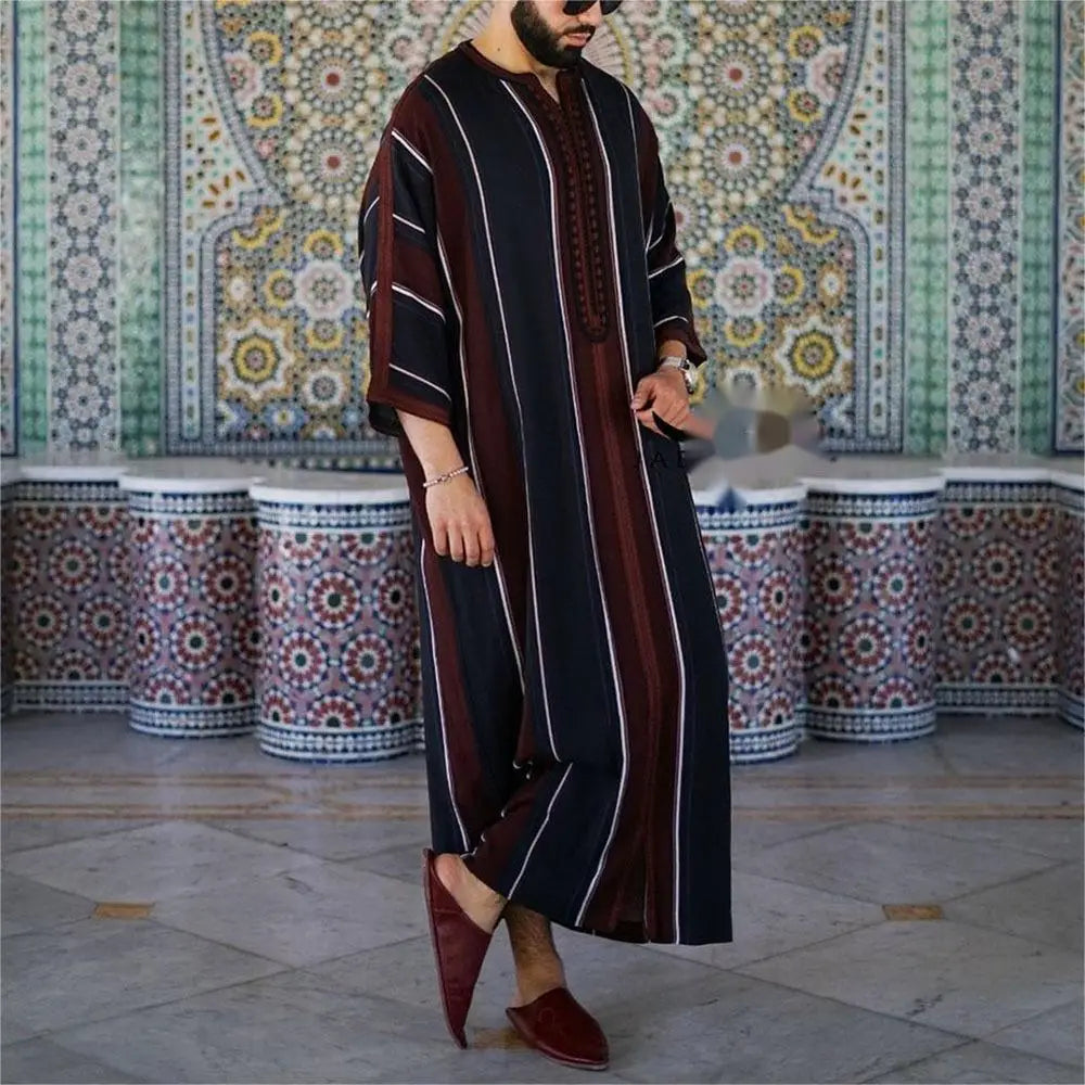 M-4XL Black Thin Linen Striped Linen  Youth Loose Fitting Muslim Robe  Traditional Ethnic Costumes