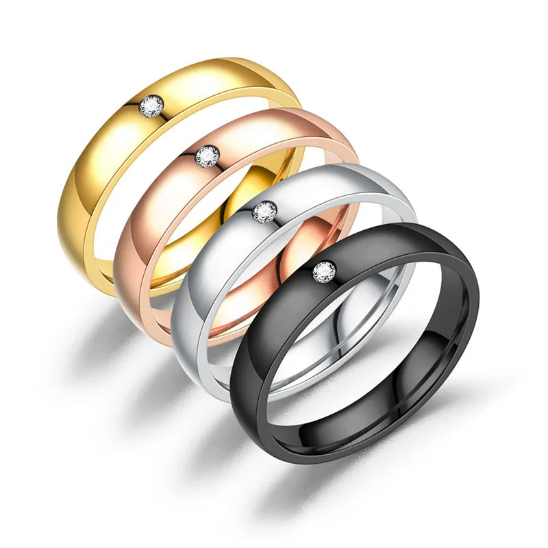 High Polished Stainless Steel Gold Plated Inlaid Zircon Ring Statement Engagement Wedding Gift Couple Ring for Women Men